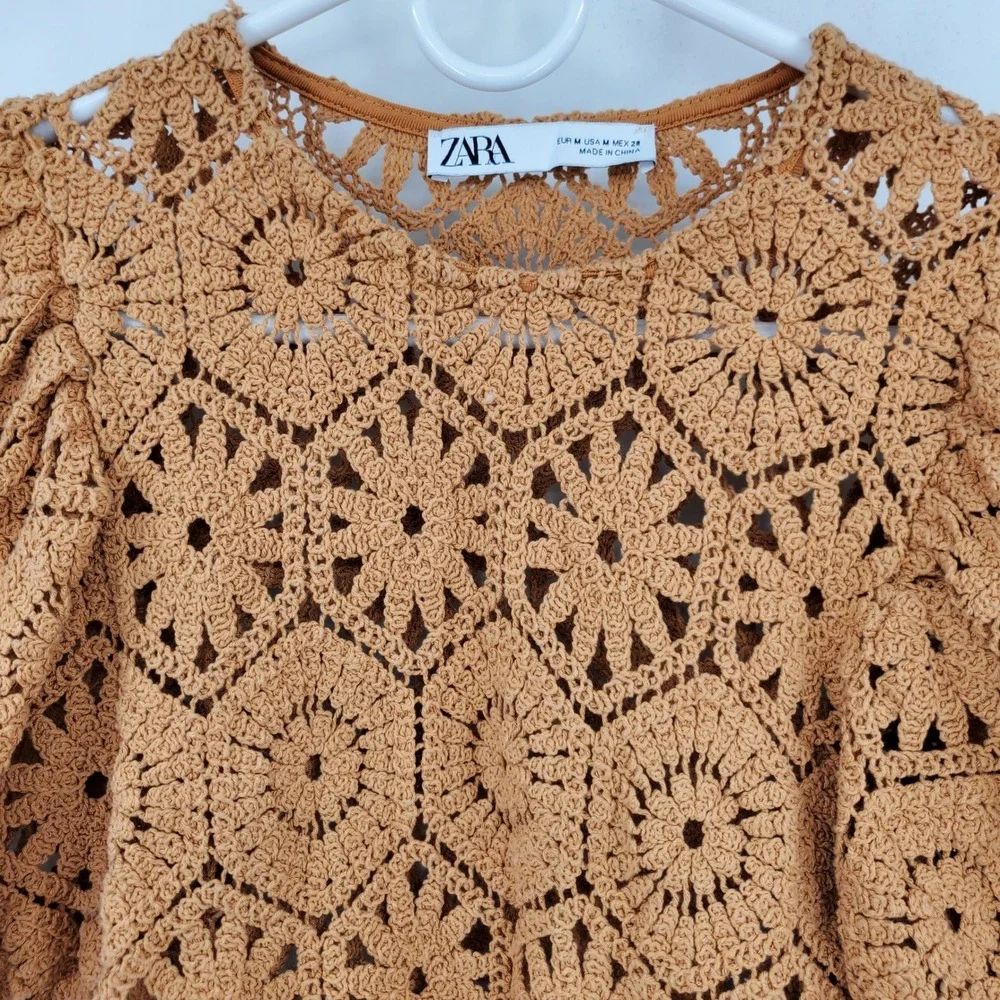 Zara Mustard Crochet Puff Sleeve Top